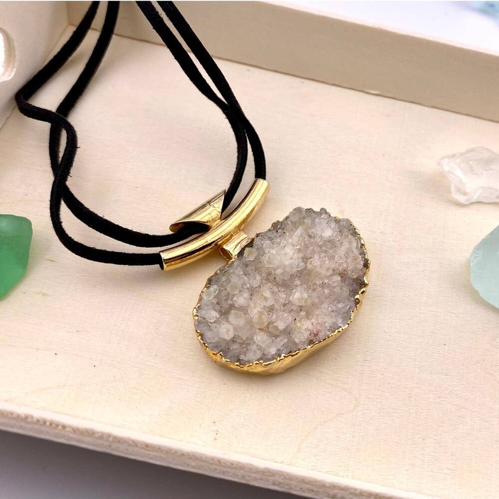 Genuine Crystal Druse Golden Pendant + Raw Leather Chain